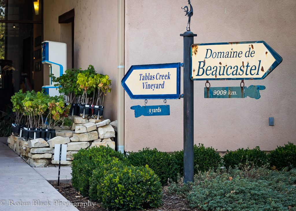 The entrance to Tablas Creek's tasting room, which references their long relationship with Chateau de Beaucastel